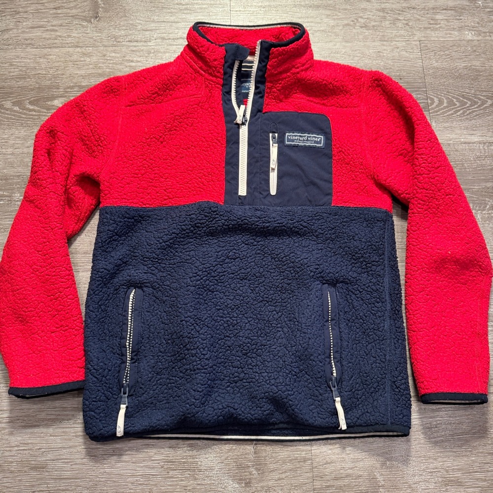 Vineyard Vines Jacket Boys M 12-14 Red Blue Sherpa Fleece Preppy Quarter Zip